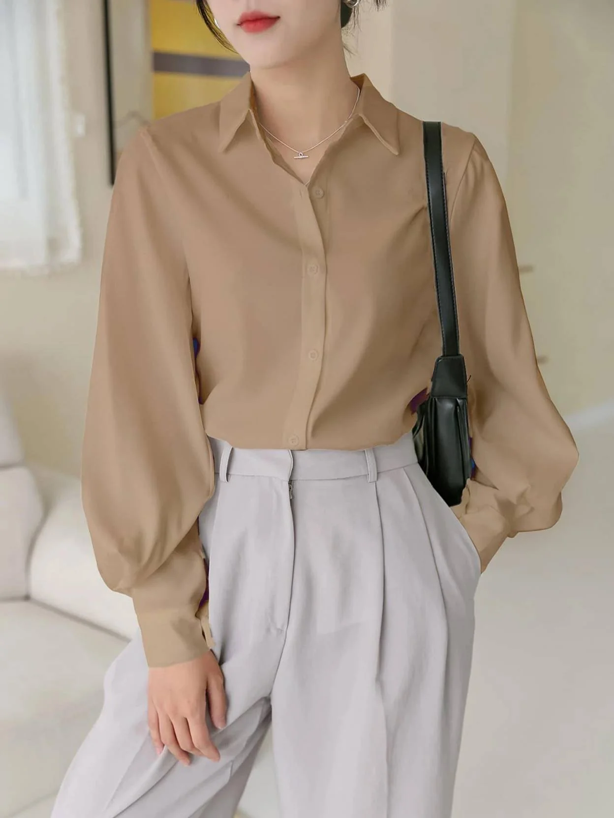 KOTTY Casual Balloon Sleeve Solid Women Beige Top - Image 3