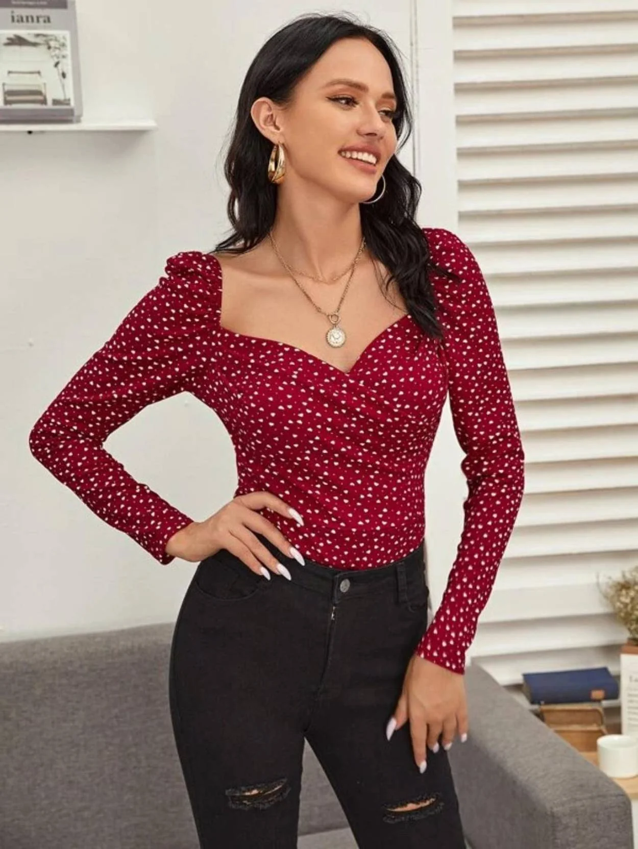KOTTY Casual Puff Sleeves Printed Women Maroon Top - Image 5