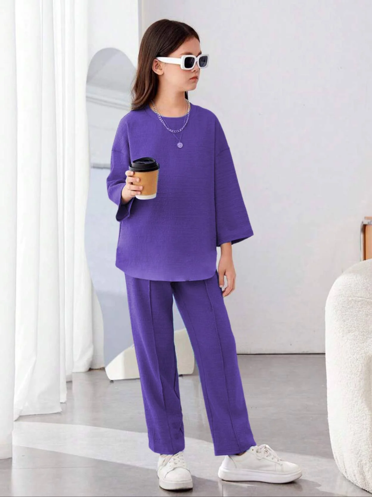 KOTTY  Girls Maxi/Full Length Casual Dress  (Purple, 3/4 Sleeve) - Image 5